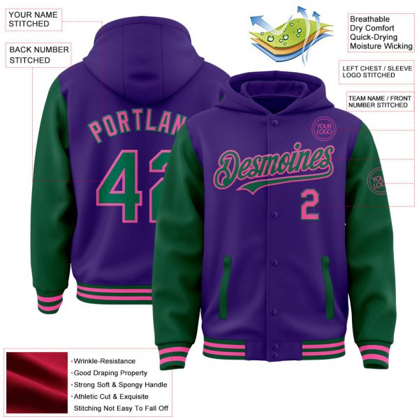 Custom Purple Kelly Green-Pink Bomber Full-Snap Varsity Letterman Two Tone Hoodie Jacket - Image 3