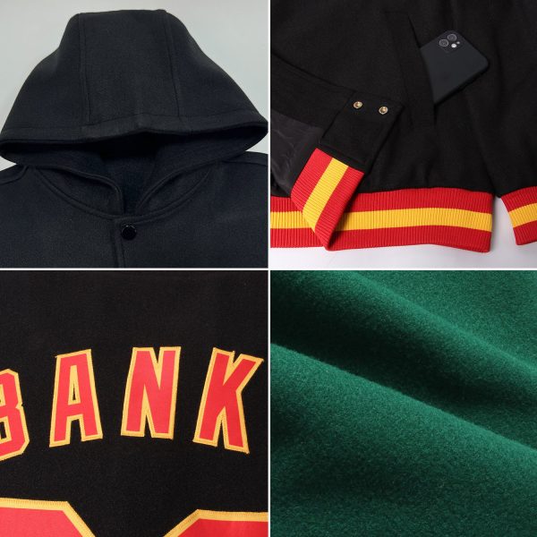Custom Green Black-Cream Bomber Full-Snap Varsity Letterman Two Tone Hoodie Jacket - Image 2