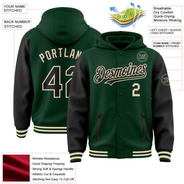 Custom Green Black-Cream Bomber Full-Snap Varsity Letterman Two Tone Hoodie Jacket - Image 3