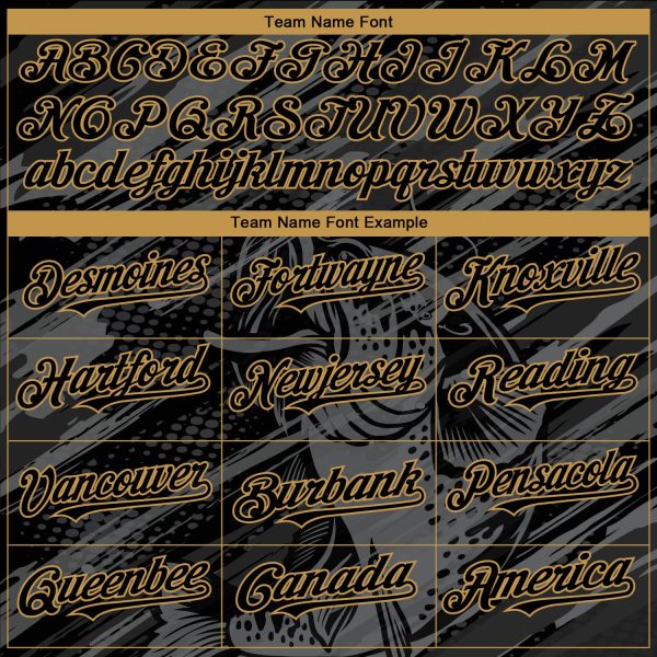 Custom Black Old Gold Largemouth Bass Fish Fishing 3D Bomber Full-Snap Varsity Letterman Hoodie Jacket - Image 4