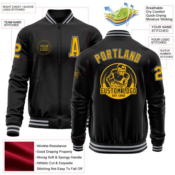 Custom Black Gold-Gray Bomber Varsity Letterman Zipper Jacket - Image 3
