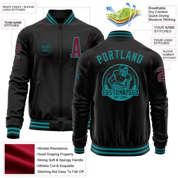 Custom Black Crimson-Teal Bomber Varsity Letterman Zipper Jacket - Image 3