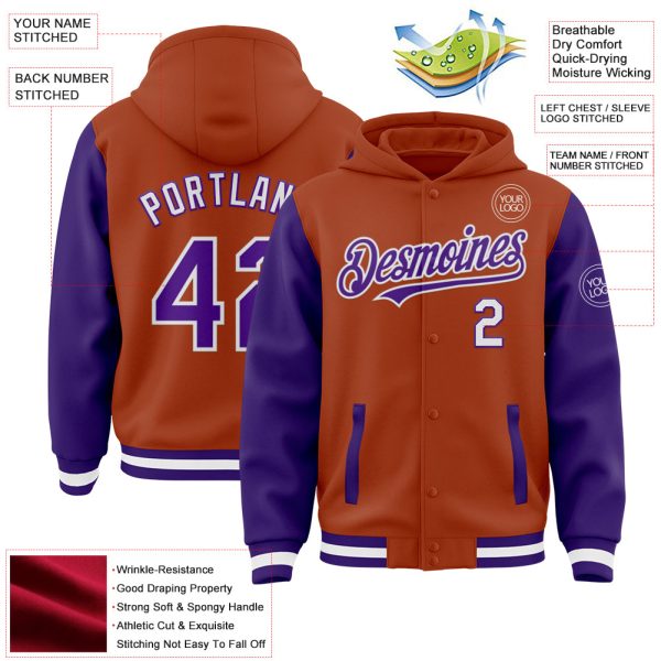 Custom Texas Orange Purple-White Bomber Full-Snap Varsity Letterman Two Tone Hoodie Jacket - Image 3