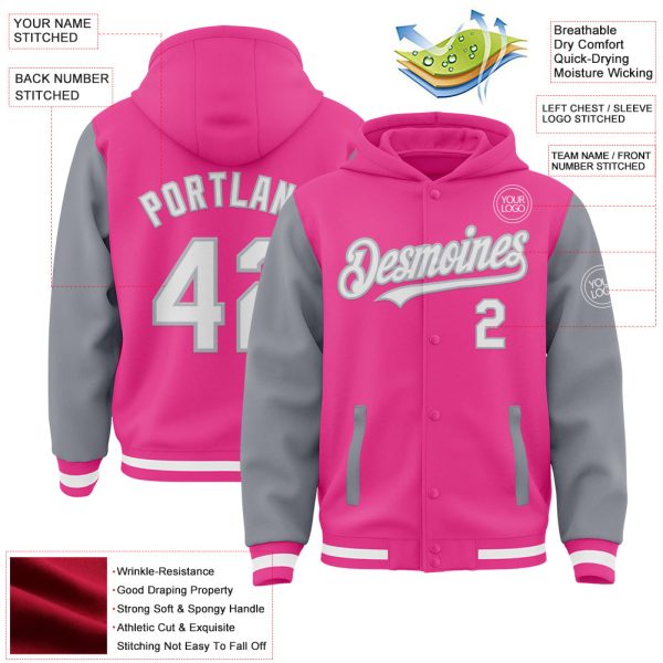 Custom Pink White-Gray Bomber Full-Snap Varsity Letterman Two Tone Hoodie Jacket - Image 3