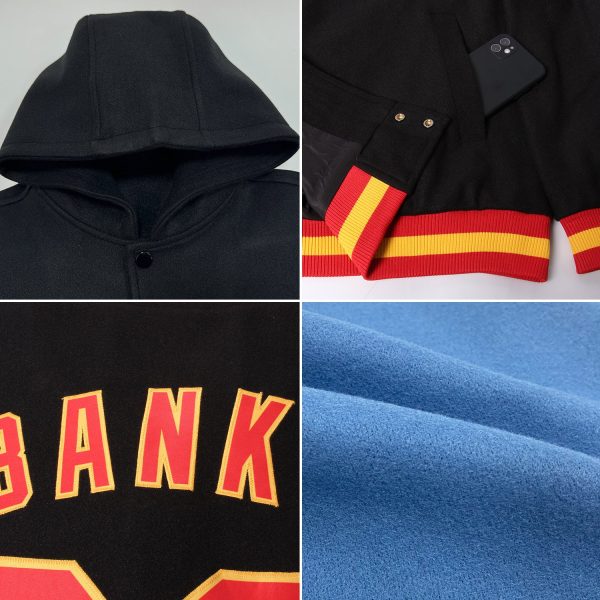 Custom Light Blue Black-Red Bomber Full-Snap Varsity Letterman Two Tone Hoodie Jacket - Image 2