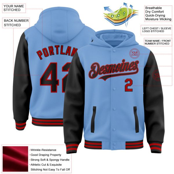 Custom Light Blue Black-Red Bomber Full-Snap Varsity Letterman Two Tone Hoodie Jacket - Image 3