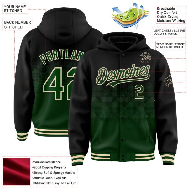Custom Black Green-Cream Gradient Square Shape 3D Pattern Design Bomber Full-Snap Varsity Letterman Hoodie Jacket - Image 3