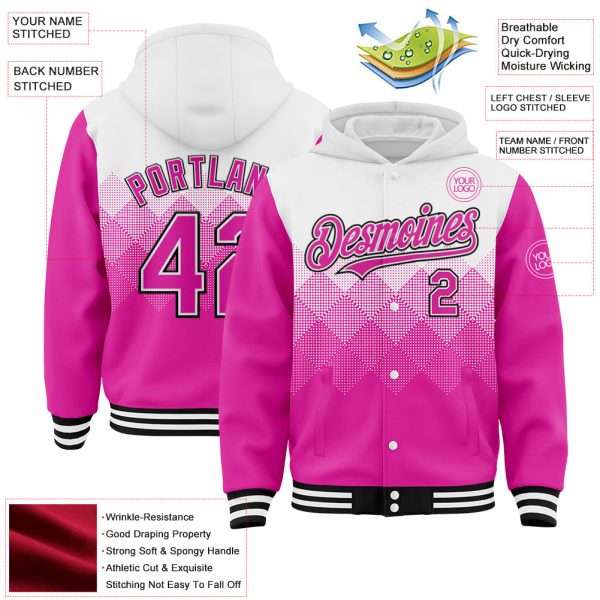 Custom White Deep Pink-Black Gradient Square Shape 3D Pattern Design Bomber Full-Snap Varsity Letterman Hoodie Jacket - Image 3