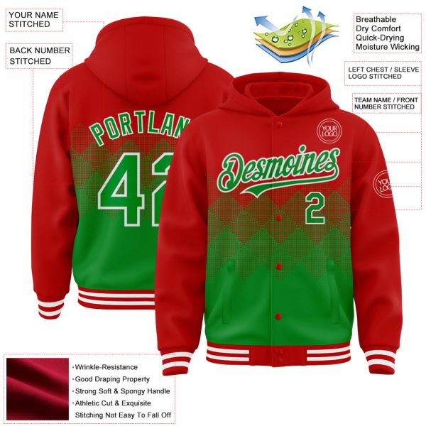 Custom Red Grass Green-White Gradient Square Shape 3D Pattern Design Bomber Full-Snap Varsity Letterman Hoodie Jacket - Image 3