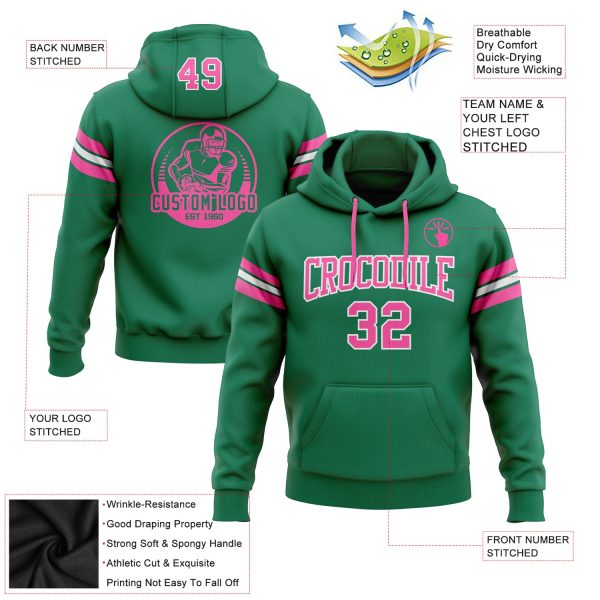 Custom Stitched Kelly Green Pink-White Football Pullover Sweatshirt Hoodie - Image 2