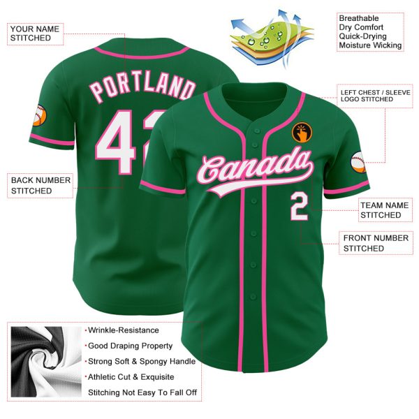 Custom Kelly Green White-Pink Authentic Baseball Jersey - Image 3