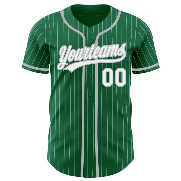 Custom Kelly Green White Pinstripe Gray Authentic Baseball Jersey - Image 2