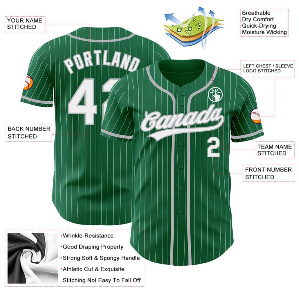 Custom Kelly Green White Pinstripe Gray Authentic Baseball Jersey - Image 3