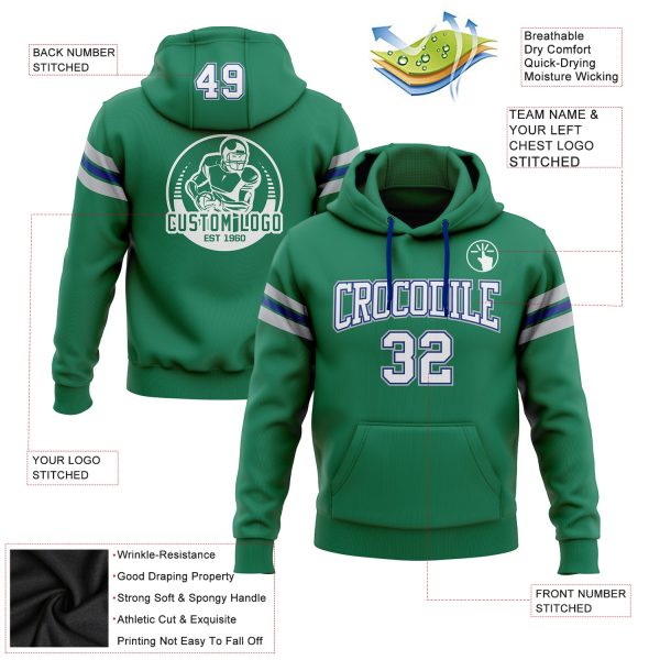 Custom Stitched Kelly Green White Royal-Gray Football Pullover Sweatshirt Hoodie - Image 2