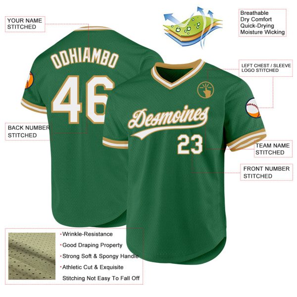 Custom Kelly Green White-Old Gold Authentic Throwback Baseball Jersey - Image 3