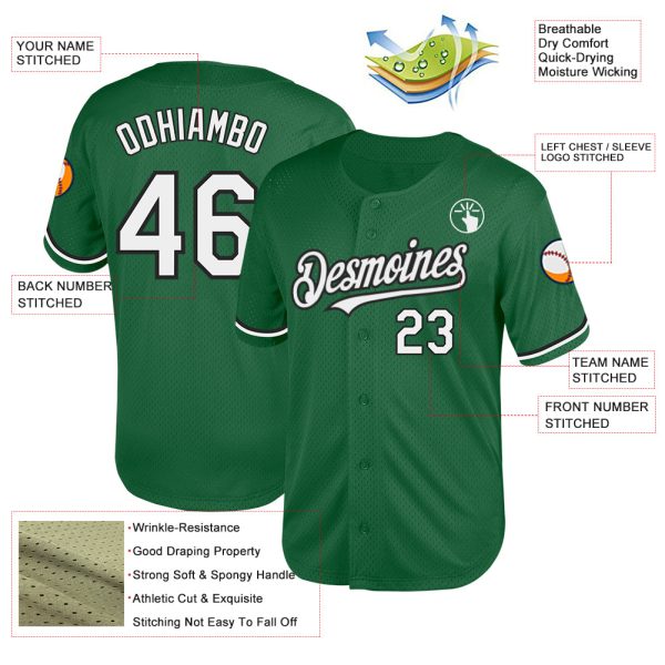 Custom Kelly Green White-Black Mesh Authentic Throwback Baseball Jersey - Image 3