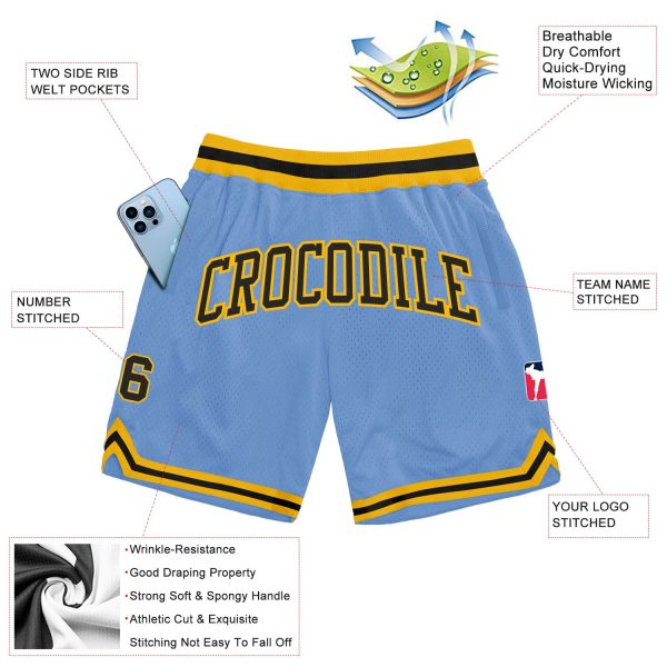 Custom Light Blue Black-Gold Authentic Throwback Basketball Shorts - Image 2