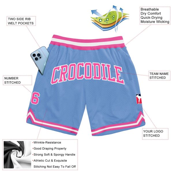 Custom Light Blue Pink-White Authentic Throwback Basketball Shorts - Image 2