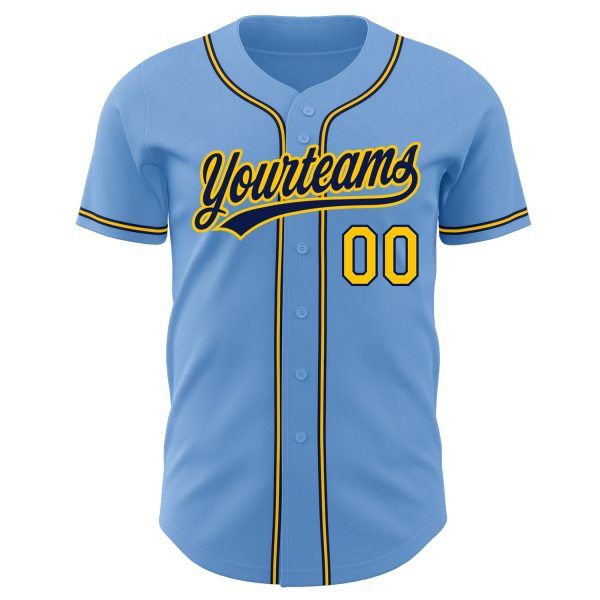 Custom Light Blue Gold-Navy Authentic Baseball Jersey - Image 2