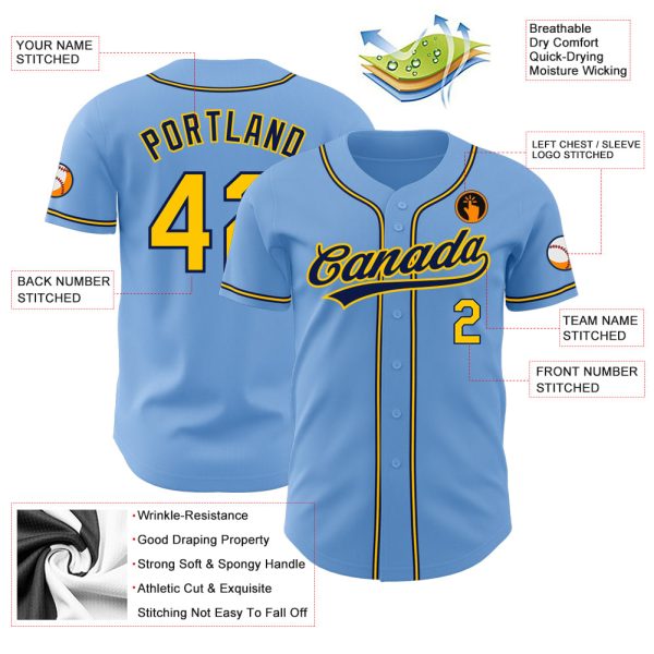 Custom Light Blue Gold-Navy Authentic Baseball Jersey - Image 3