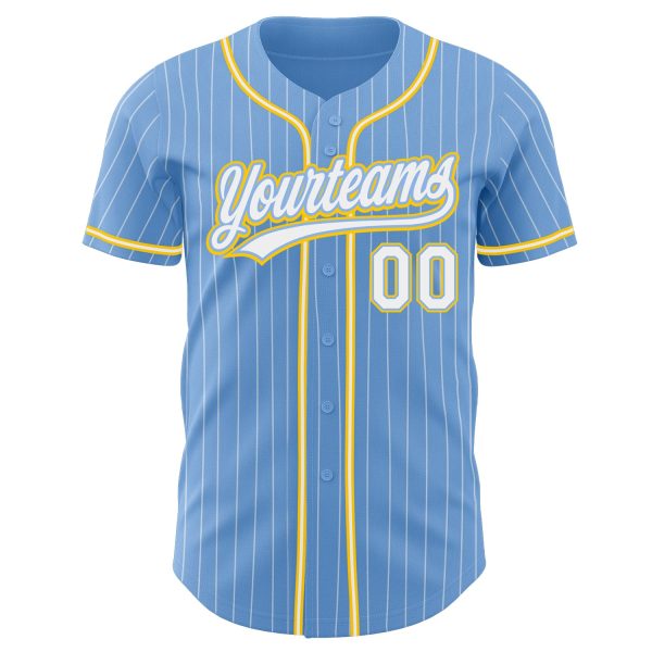 Custom Light Blue White Pinstripe White-Gold Authentic Baseball Jersey - Image 2