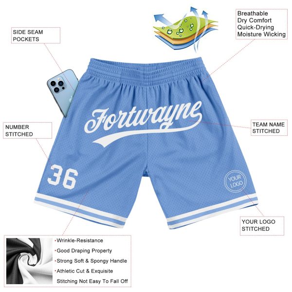 Custom Light Blue White Authentic Throwback Basketball Shorts - Image 2