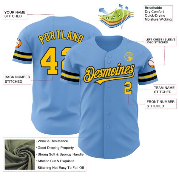 Custom Light Blue Yellow-Black Authentic Baseball Jersey - Image 3