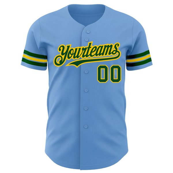 Custom Light Blue Green-Yellow Authentic Baseball Jersey - Image 2