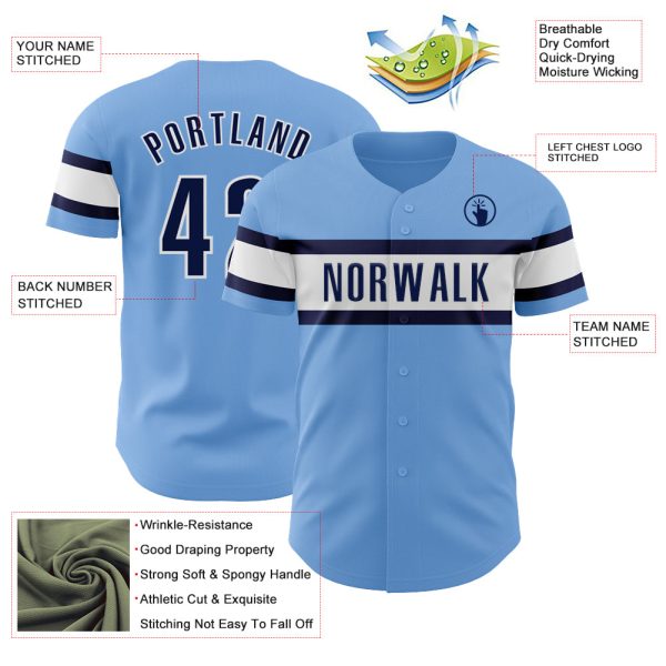 Custom Light Blue Navy-White Authentic Baseball Jersey - Image 3