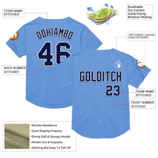 Custom Light Blue Navy-White Mesh Authentic Throwback Baseball Jersey - Image 3