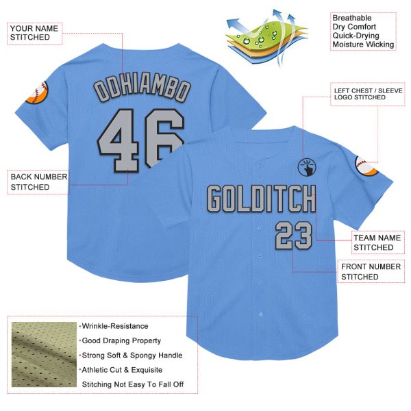 Custom Light Blue Gray-Black Mesh Authentic Throwback Baseball Jersey - Image 3