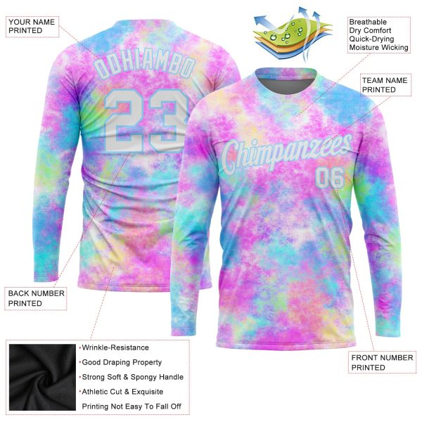 Custom Tie Dye White-Light Blue Watercolor Gradient 3D Long Sleeve Performance T-Shirt - Image 2