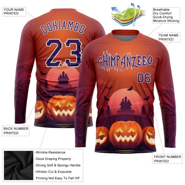 Custom 3D Pattern Halloween Pumpkins Horror Night Long Sleeve Performance T-Shirt - Image 2