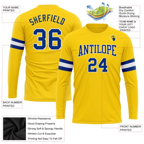 Custom Gold Royal-White Long Sleeve Performance T-Shirt - Image 3