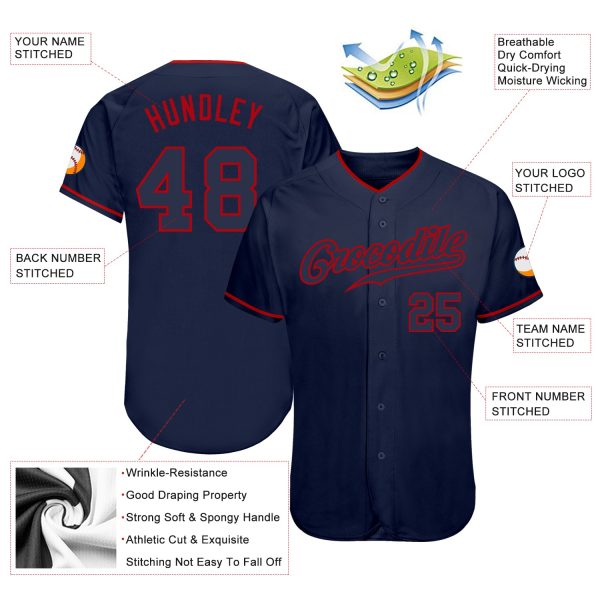 Custom Navy Navy-Red Authentic Baseball Jersey - Image 3