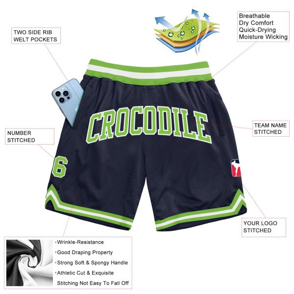 Custom Navy Neon Green-White Authentic Throwback Basketball Shorts - Image 2