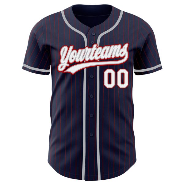 Custom Navy Red Pinstripe White-Gray Authentic Baseball Jersey - Image 2