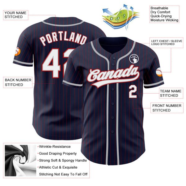 Custom Navy Red Pinstripe White-Gray Authentic Baseball Jersey - Image 3