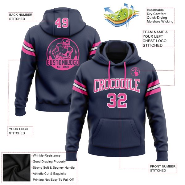 Custom Stitched Navy Pink-White Football Pullover Sweatshirt Hoodie - Image 2