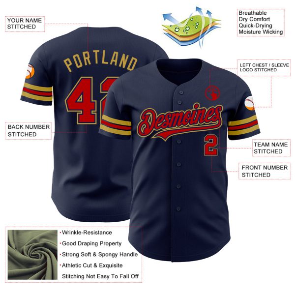 Custom Navy Red-Old Gold Authentic Baseball Jersey - Image 3