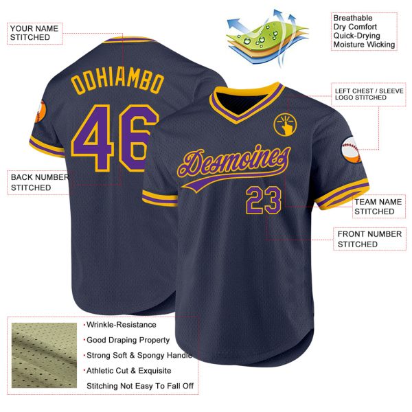 Custom Navy Purple-Gold Authentic Throwback Baseball Jersey - Image 3