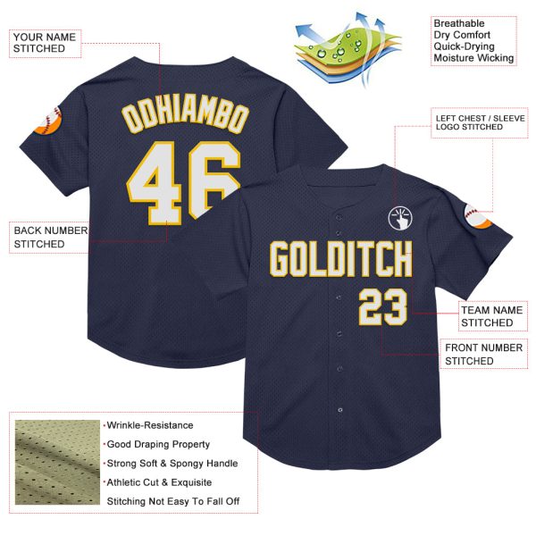 Custom Navy White-Yellow Mesh Authentic Throwback Baseball Jersey - Image 3