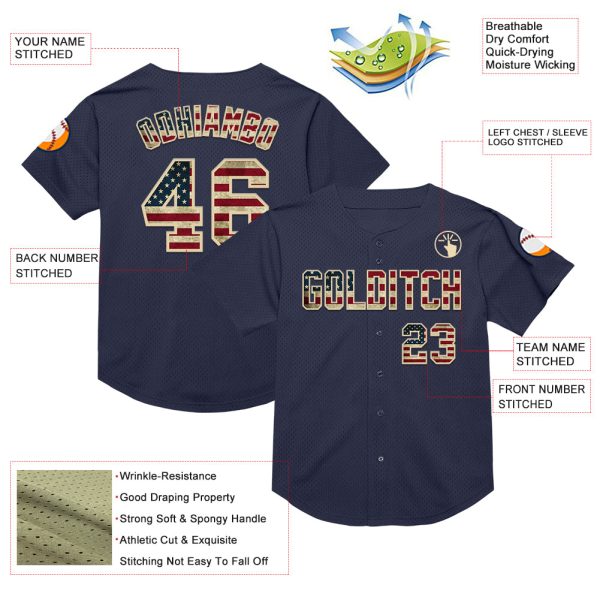 Custom Navy Vintage USA Flag-Cream Mesh Authentic Throwback Baseball Jersey - Image 3