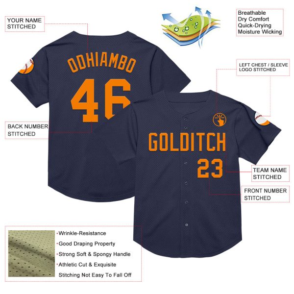 Custom Navy Bay Orange Mesh Authentic Throwback Baseball Jersey - Image 3