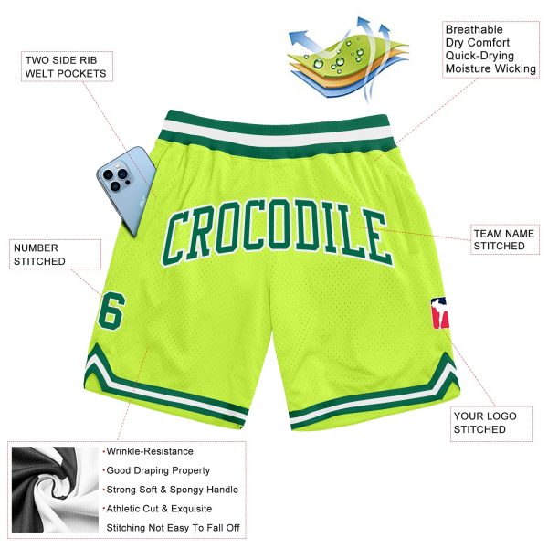 Custom Neon Green Kelly Green-White Authentic Throwback Basketball Shorts - Image 2
