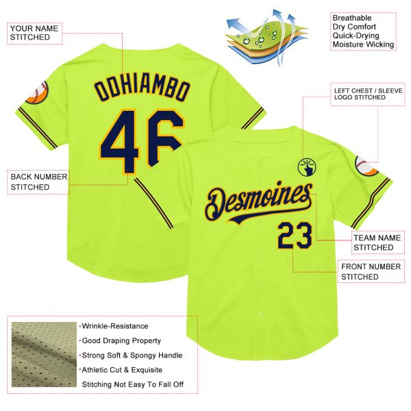 Custom Neon Green Navy-Gold Mesh Authentic Throwback Baseball Jersey - Image 3