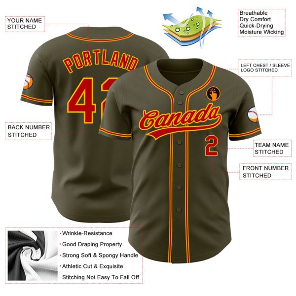 Custom Olive Red-Gold Authentic Salute To Service Baseball Jersey - Image 3