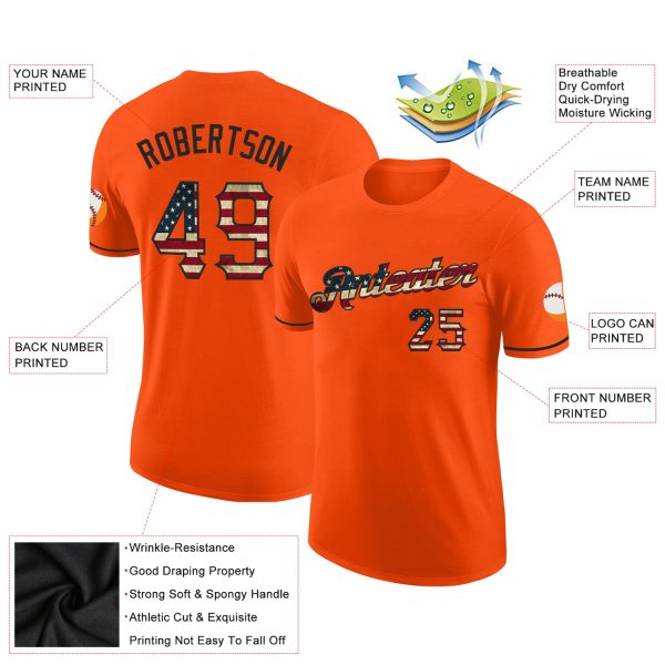 Custom Orange Vintage USA Flag-Black Performance T-Shirt - Image 2