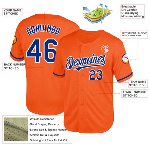 Custom Orange Royal-White Mesh Authentic Throwback Baseball Jersey - Image 3