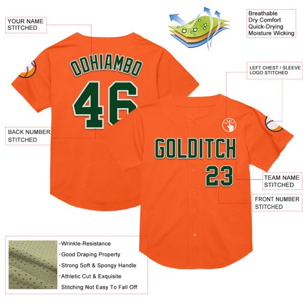 Custom Orange Green-White Mesh Authentic Throwback Baseball Jersey - Image 3